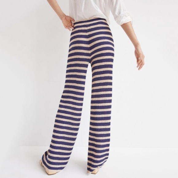 NWT Anthropologie Flat White High Rise Wide Leg Striped Flare Pants Tan/Navy - Picture 3 of 6